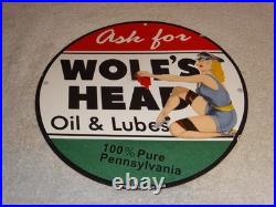 Vintage Wolf's Head Motor Oil & Lube 11 3/4 Porcelain Metal Wolfs Gasoline Sign