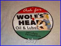 Vintage Wolf's Head Motor Oil & Lube 11 3/4 Porcelain Metal Wolfs Gasoline Sign