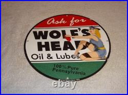 Vintage Wolf's Head Motor Oil & Lube 11 3/4 Porcelain Metal Wolfs Gasoline Sign
