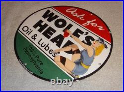 Vintage Wolf's Head Motor Oil & Lube 11 3/4 Porcelain Metal Wolfs Gasoline Sign