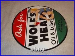 Vintage Wolf's Head Motor Oil & Lube 11 3/4 Porcelain Metal Wolfs Gasoline Sign