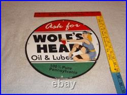 Vintage Wolf's Head Motor Oil & Lube 11 3/4 Porcelain Metal Wolfs Gasoline Sign