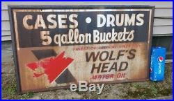 Vintage Wolfs Head Motor Oil Cases Drums Buckets Hand Painted Metal Sign 60x36