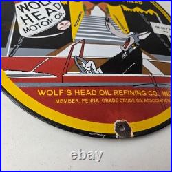 Vintage Wolfs Head Motor Oil Porcelain Sign Gas Pump Station Pennsylvania Sign