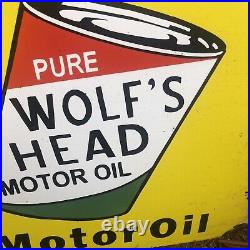 Vintage Wolfs Head Motor Oil Porcelain Sign Large? 36x15