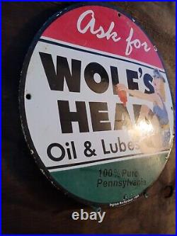 Vintage Wolfs Head Porcelain Sign 1948 Gas Pump Plate Lady Motor Oil Woman USA