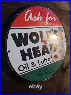 Vintage Wolfs Head Porcelain Sign 1948 Gas Pump Plate Lady Motor Oil Woman USA