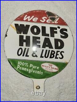 Vintage Wolfs Head Porcelain Sign Topper Motor Oil Lubes Marine Pennsylvania