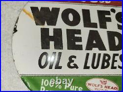 Vintage Wolfs Head Porcelain Sign Topper Motor Oil Lubes Marine Pennsylvania