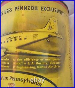 Vtg 1930's PENNZOIL United Airlines DC-3 Airplane Owl Wise 5 Quart Motor Oil Can