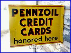 Vtg 1950s Pennzoil Motor Oil Credit Cards Painted Metal Flange Sign 18.5x 14