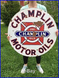 Vtg Original Champlin Motor Oil Gas Station Porcelain Sign Feed Seed Soda Pop