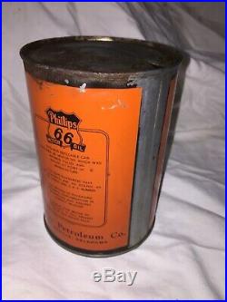 Vtg Phillips 66 Orange and Black Early Logo 1QT Tin Motor Oil Can GC Empty Rare