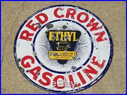 Vtg Red Crown Ethyl Gasoline Motor Oil Double Sided Porcelain Lollipop 30 Sign