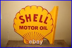 Vtg Shell Motor Oil Gas Station 2 Sided 19 Porcelain Metal Flange Sign NICE