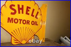 Vtg Shell Motor Oil Gas Station 2 Sided 19 Porcelain Metal Flange Sign NICE