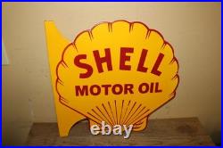 Vtg Shell Motor Oil Gas Station 2 Sided 19 Porcelain Metal Flange Sign NICE