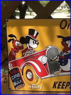 Vtg Sunoco Motor Oil Porcelain Advertising Sign Disney Donald Duck Mickey Mouse