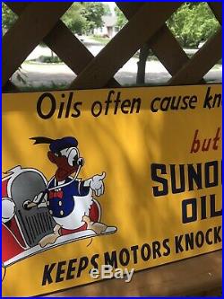 Vtg Sunoco Motor Oil Porcelain Advertising Sign Disney Donald Duck Mickey Mouse