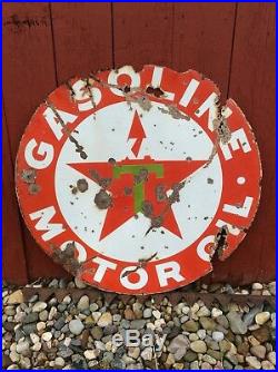 Vtg Texaco Gasoline Motor Oil Porcelain Orig 42 Double Sided Gas Station Sign