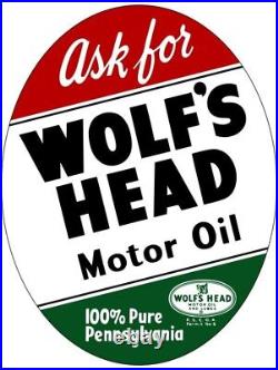 Wolf's Head Motor Oil Oval DIECUT NEW 28 Tall Sign USA STEEL XL Size 7 lbs