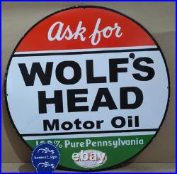 Wolf's Head Motor Oil Porcelain Enamel Sign 30 X 30 Inches 1 sides Wolf's Head Motor Oil Porcelain Enamel Sign 30 X 30 Inches 1 sides