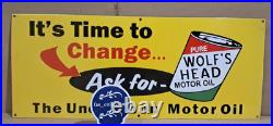Wolf's Head Motor Oil Porcelain Enamel Sign 36 x 15 Inches 1 Sided Wolf's Head Motor Oil Porcelain Enamel Sign 36 x 15 Inches 1 Sided