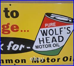 Wolf's Head Motor Oil Porcelain Enamel Sign 36 x 15 Inches 1 Sided Wolf's Head Motor Oil Porcelain Enamel Sign 36 x 15 Inches 1 Sided