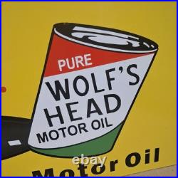 Wolf's Head Motor Oil Porcelain Enamel Sign 36 x 15 Inches 1 Sided Wolf's Head Motor Oil Porcelain Enamel Sign 36 x 15 Inches 1 Sided