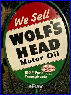 Wolf's Head Motor Oil Vintage two sided Metal Sign With Stand 1954