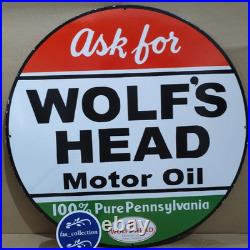 Wolf's Head Motor Oil porcelain Enamel Sign 30 x 30 Inches 1 Sided