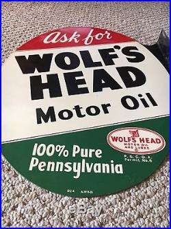 Wolfs Head Motor Oil Enamel Flange Sign