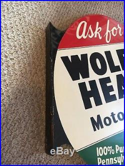 Wolfs Head Motor Oil Enamel Flange Sign