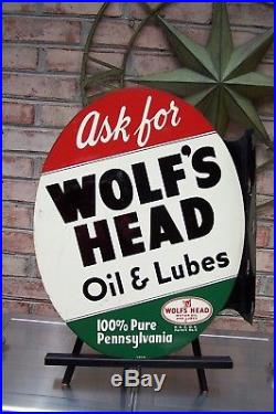 Wolfs Head Motor Oil Flange Advertising Sign, Am 49 Sign Company Gas Oil