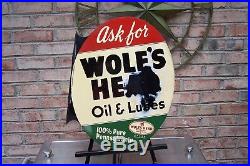 Wolfs Head Motor Oil Flange Advertising Sign, Am 49 Sign Company Gas Oil