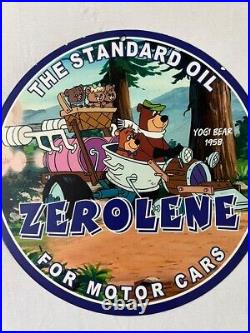 Zerolene The Standard Motor Oil Garage Mancave Yogi Bear Porcelain Enamel Sign